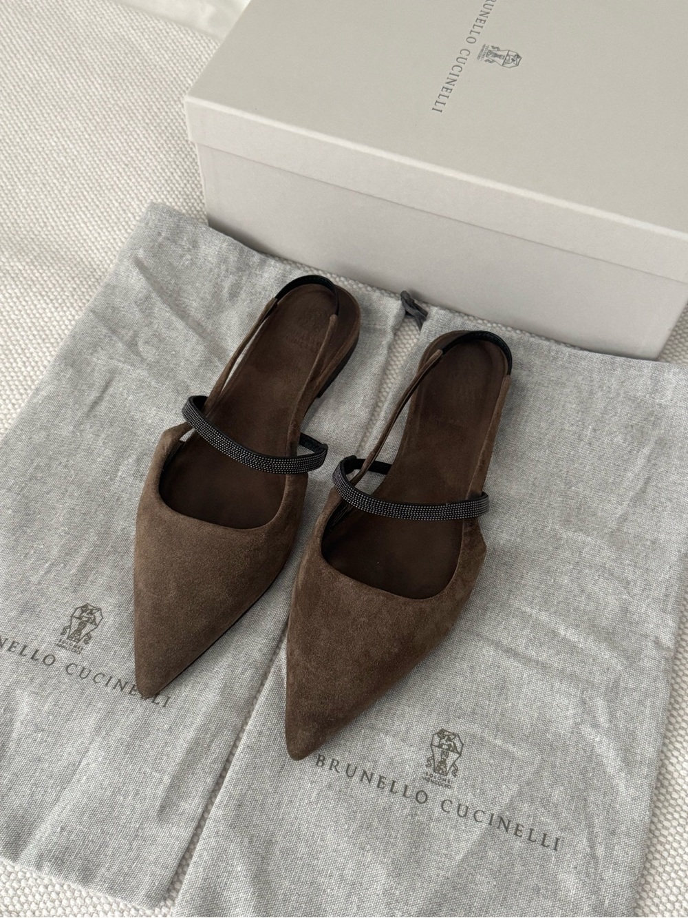 Brunello Cucinelli Brown Suede Pointed Toe Slingback Mules with Black Strap